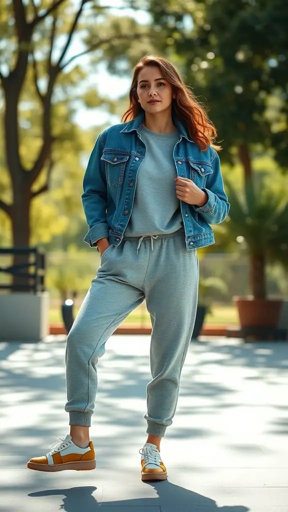 A woman wearing a relaxed denim jacket with grey sweatpants and stylish sneakers, standing outdoors in a bright setting.