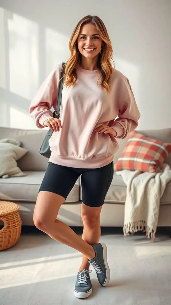 A woman in a relaxed fit pink sweatshirt and black biker shorts, smiling in a cozy living room.