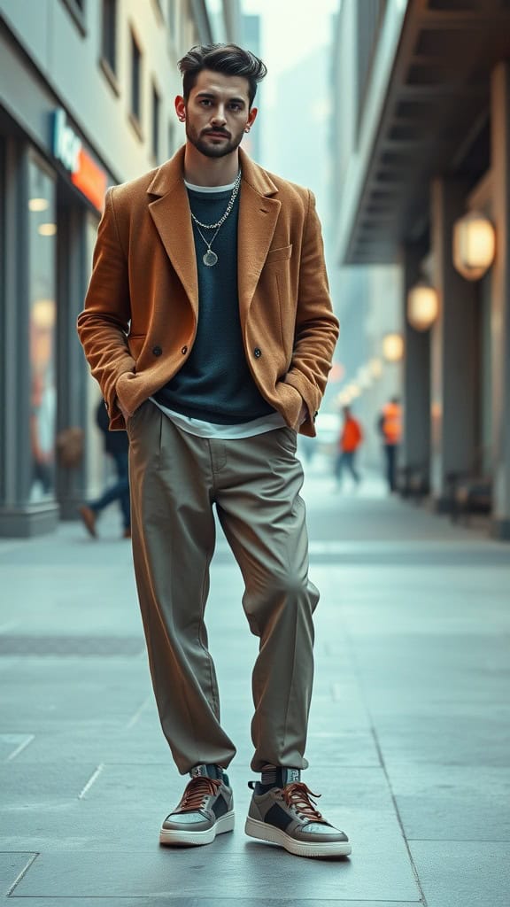 A man standing confidently in a relaxed tailored baggy outfit featuring a loose-fit blazer, pleated trousers, and minimalist sneakers.