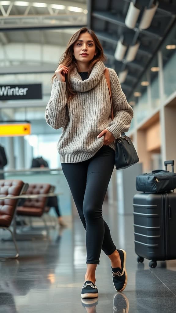 A woman in a cozy sweater and black leggings, walking through an airport with a handbag and suitcase.