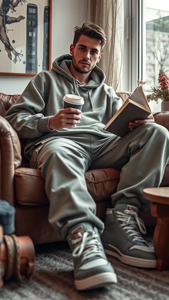 A man wearing an oversized hoodie and relaxed cargo pants, sitting on a couch with a coffee cup and a book.