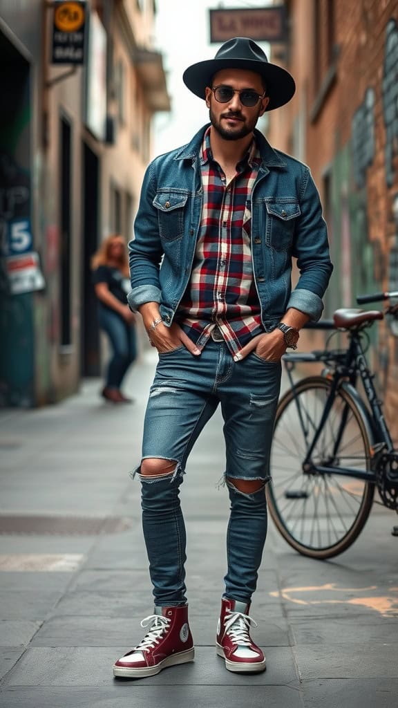 A man in a distressed denim jacket, flannel shirt, and ripped jeans stands confidently in an urban setting with high-top sneakers.