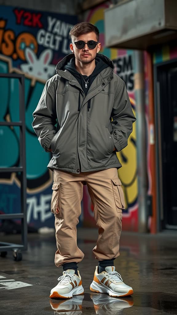 A young man wearing an oversized windbreaker, baggy cargo pants, and retro sneakers, standing against a colorful graffiti backdrop.