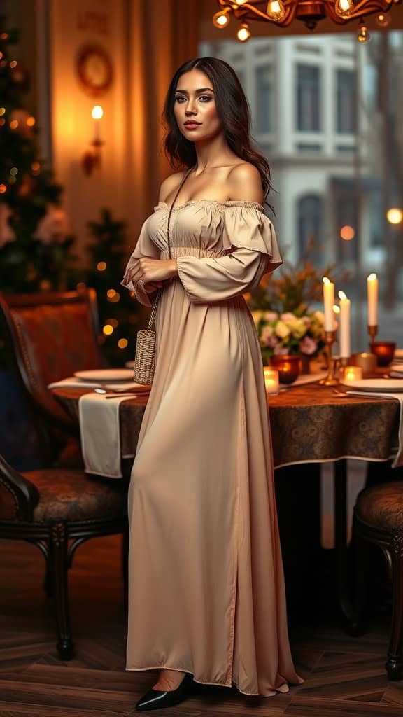 A woman wearing a romantic off-shoulder maxi dress standing in a candlelit dining setting.