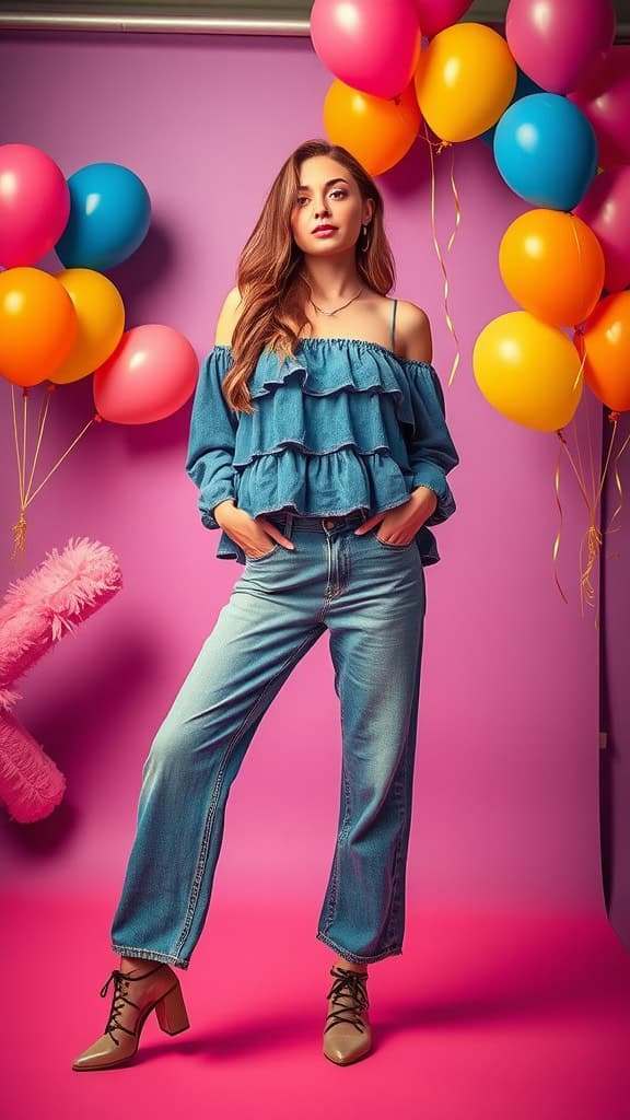 A model wearing a stylish ruffled mini dress with denim and heels, surrounded by colorful balloons.