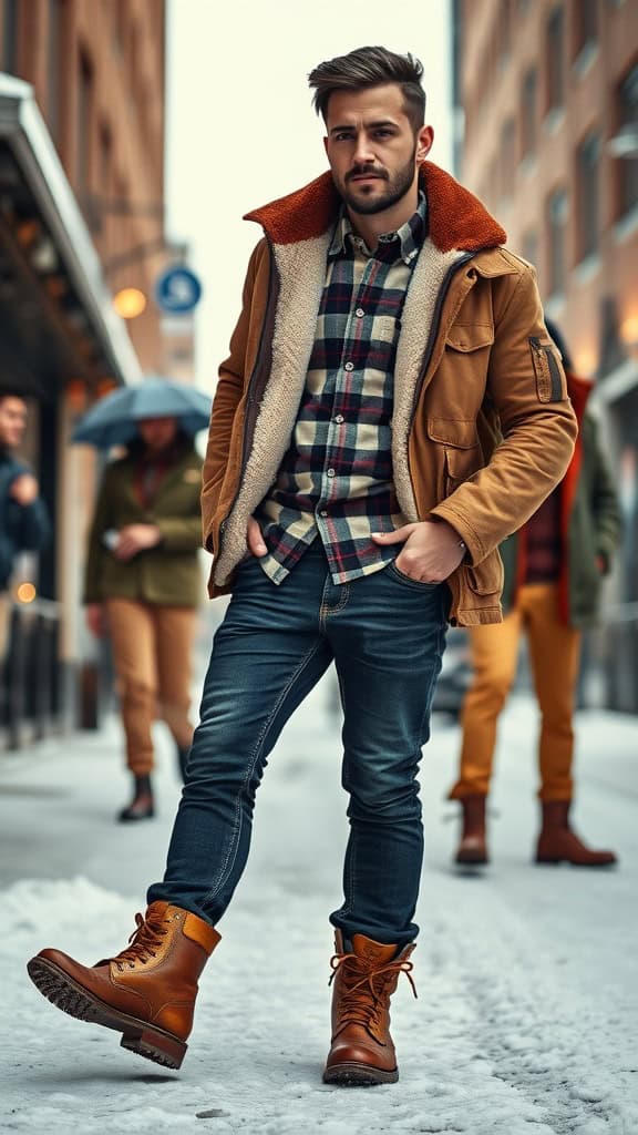 A man dressed in rugged winter workwear style, featuring a flannel shirt, shearling-lined jacket, dark denim, and brown leather boots.