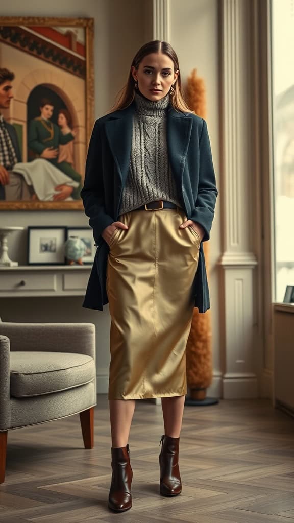 A woman wearing a satin midi skirt and a cozy knit sweater, styled elegantly with ankle boots.