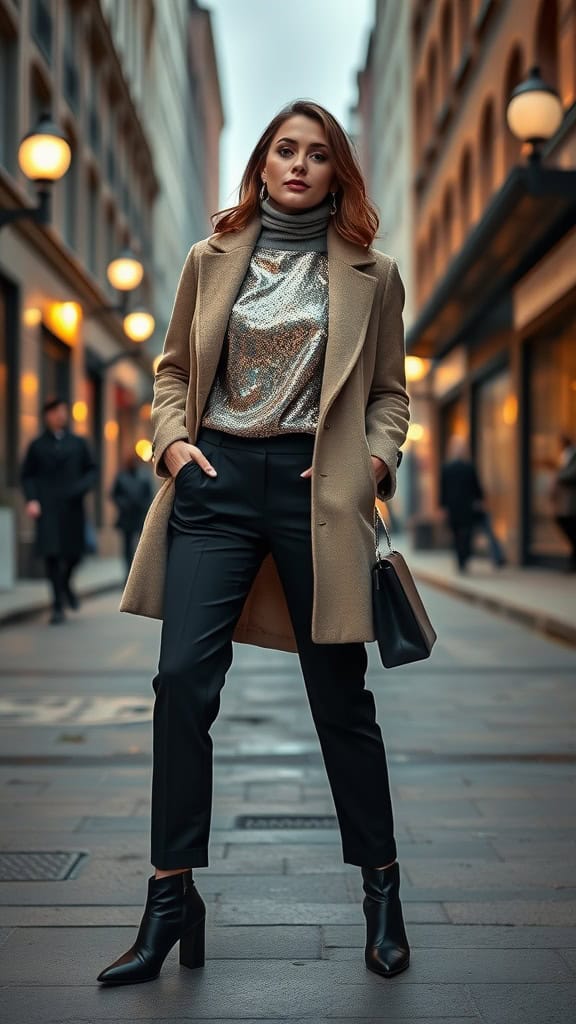 A stylish woman wearing a glamorous sequin top paired with black trousers, exuding elegance on a city street.