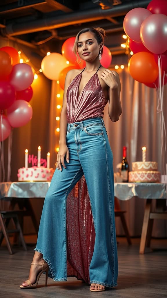 A young woman wearing a shimmery halter maxi dress with denim on the bottom, celebrating at a birthday party with balloons and cakes in the background.