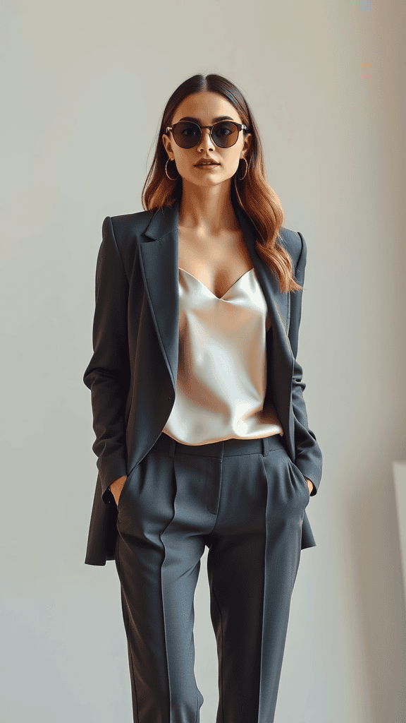 A woman wearing a silk camisole under a tailored blazer with tailored trousers, posing in a fashion studio.