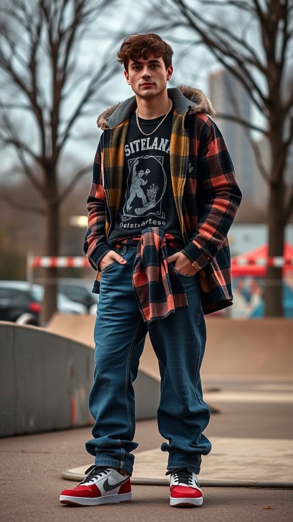 A young man in a graphic tee and baggy jeans with a flannel shirt tied at the waist, standing in an urban setting.