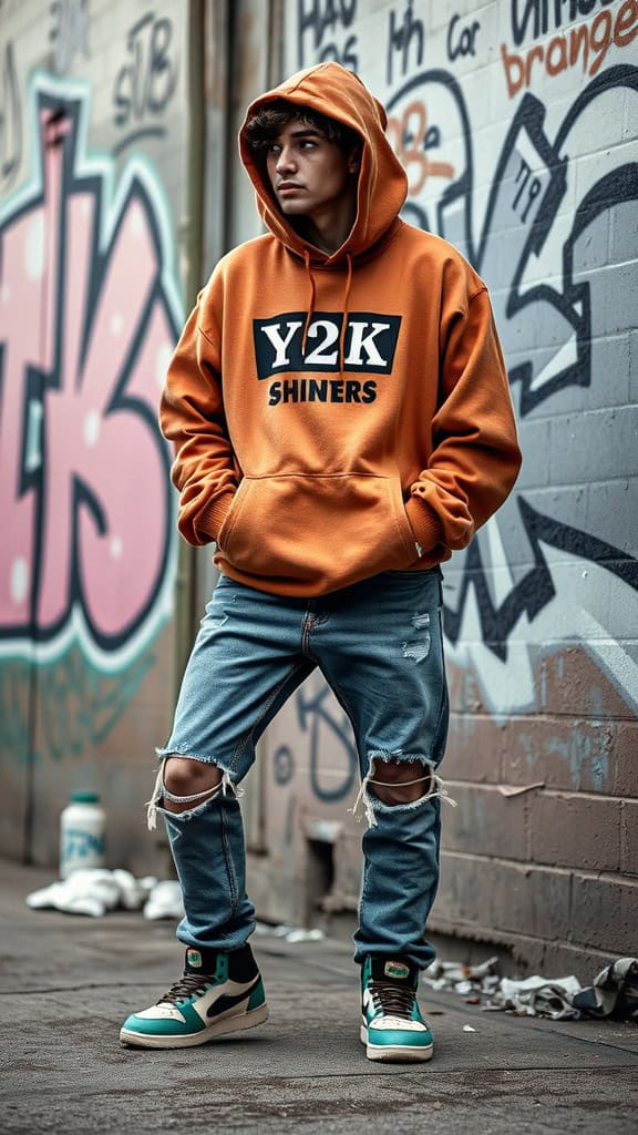 A young man wearing a loose-fit orange hoodie, ripped jeans, and colorful skate shoes, posing against a graffiti wall.