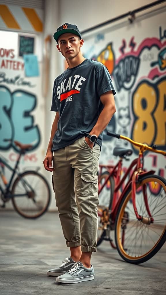 A young man wearing a graphic tee, cuffed chinos, and slip-on Vans, standing in a colorful urban setting.