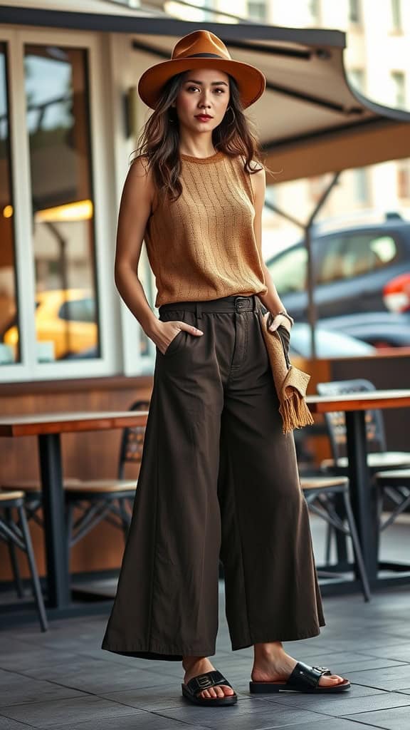 A woman in a sleeveless top and culottes, accessorized with a hat and sandals, enjoying a casual day out.