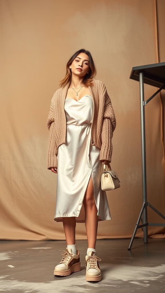 A woman wearing a satin slip dress layered under a cropped cardigan, paired with platform sneakers.