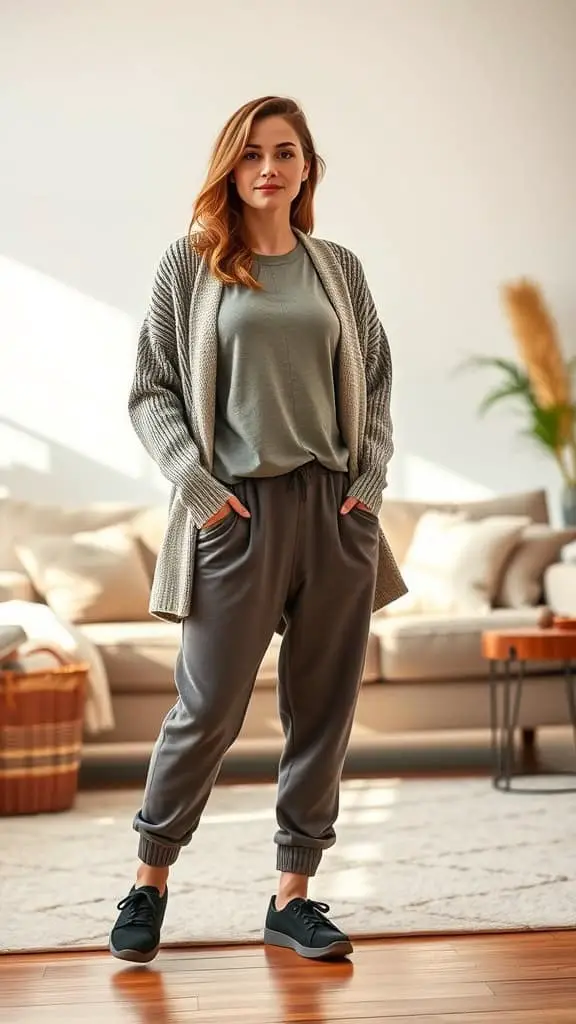 A woman wearing a slouchy cardigan and comfy joggers, showcasing a cozy and stylish outfit