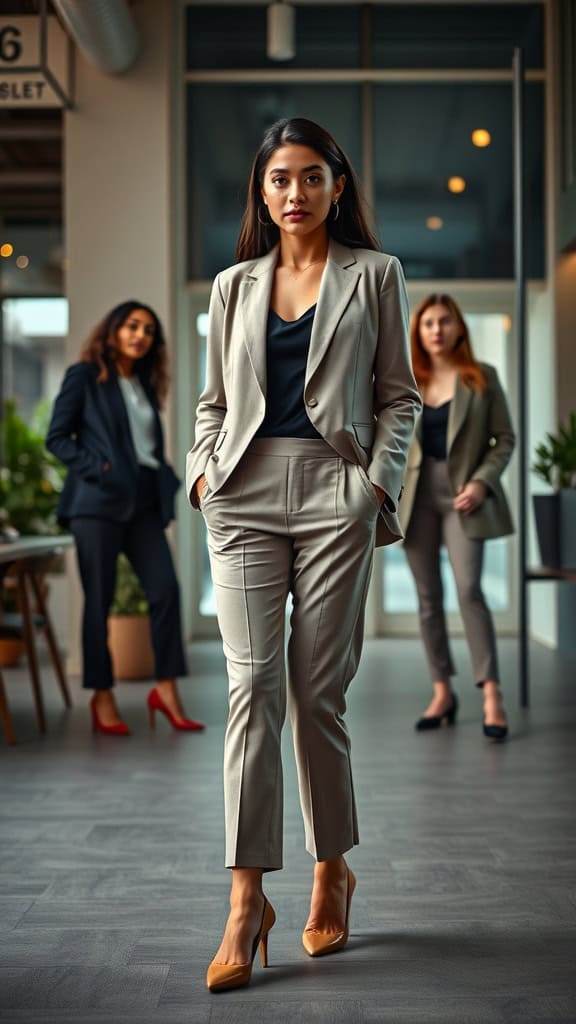 A stylish woman in a soft blazer and cropped trousers walking confidently, with two other women in the background, showcasing business casual outfits.