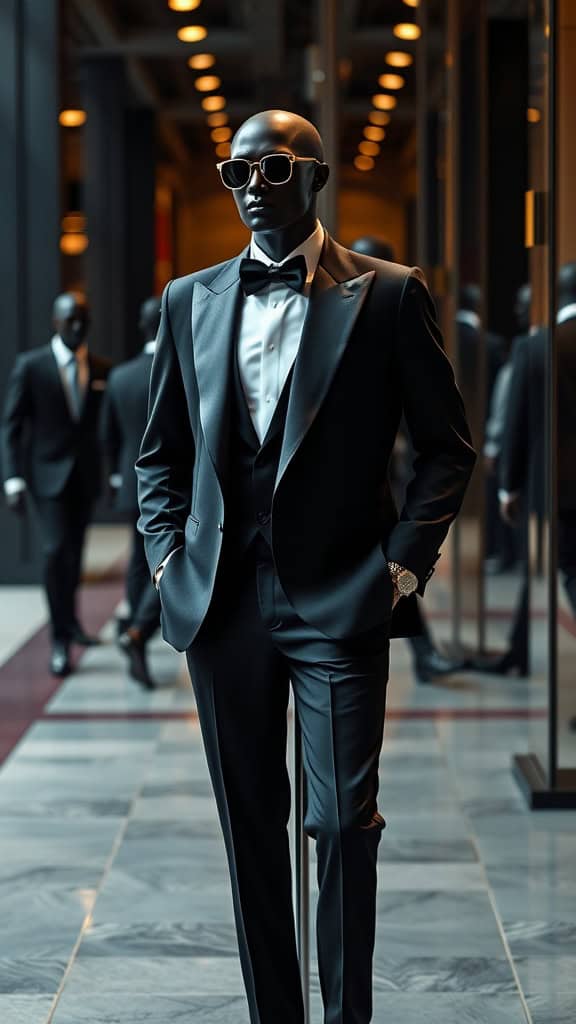 A man in a classic black tuxedo with satin lapels and a bow tie, exuding sophistication.