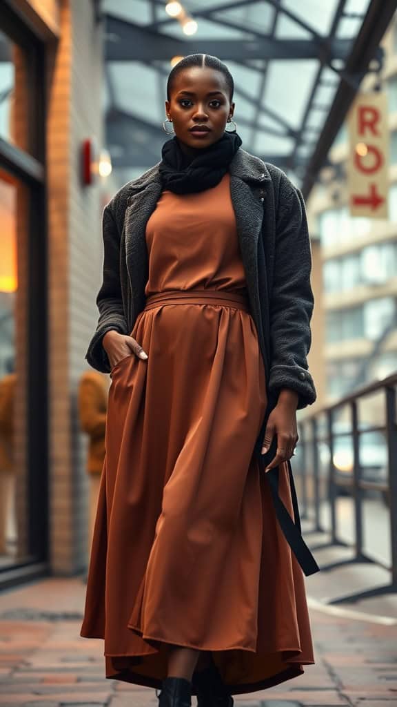 A black woman in a sophisticated A-line dress with subtle embellishments, styled with a cozy jacket and accessories.