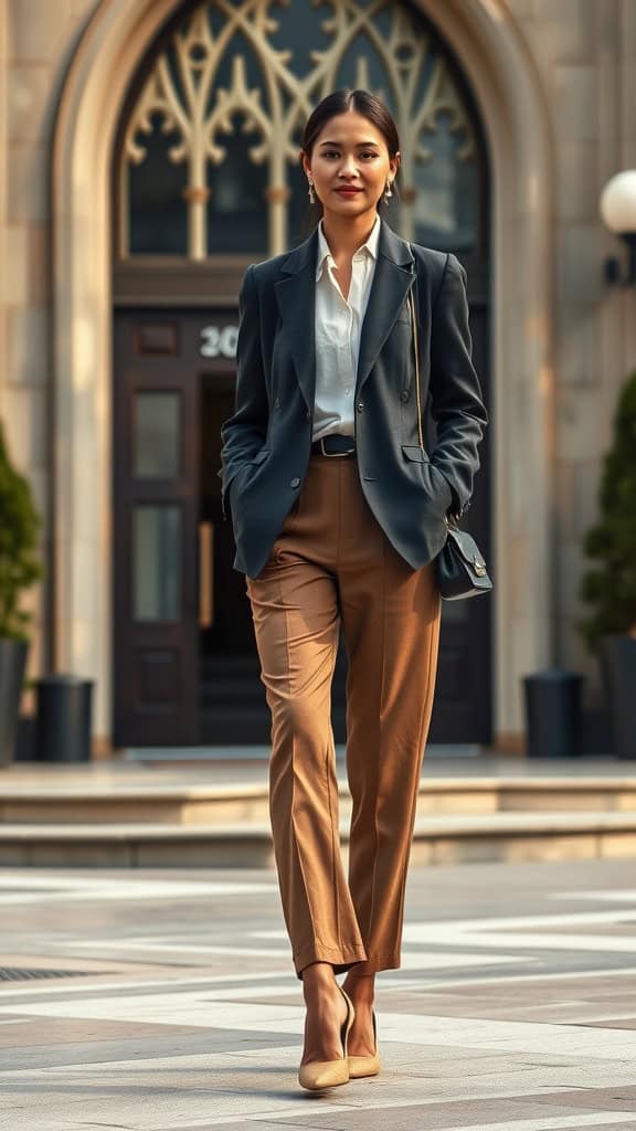 A woman in a tailored blazer and trousers, exuding a professional vibe.