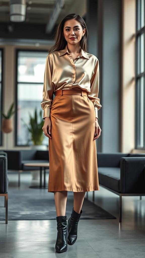 A woman dressed in a silk blouse, midi skirt, and heeled boots in a modern office setting.