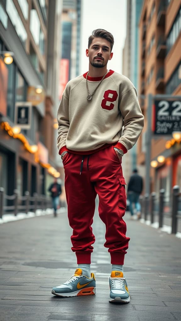 A man wearing a loose-fit varsity sweater and baggy joggers, standing in an urban setting with sporty sneakers.