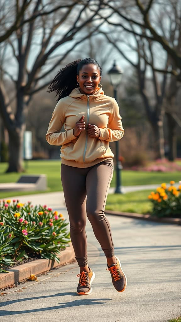 A Black woman in a beige tracksuit jogging in a park with flowers around her.