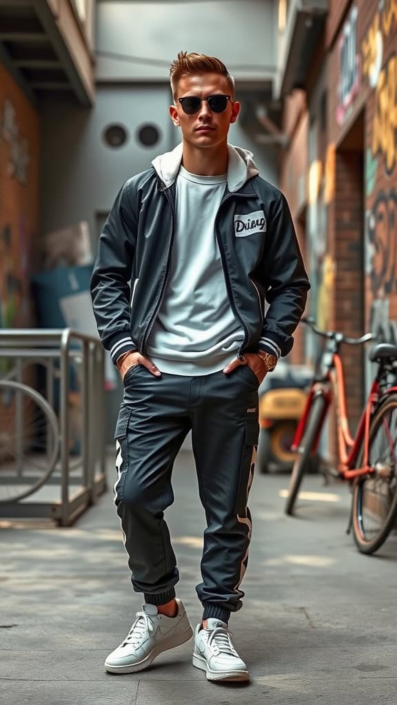 A man wearing a varsity jacket, track pants, and sleek white sneakers, styled in a trendy street setting.