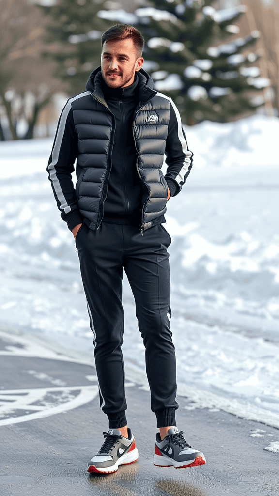 A man wearing a down vest, track jacket, joggers, and sporty sneakers, posing in a snowy urban setting.