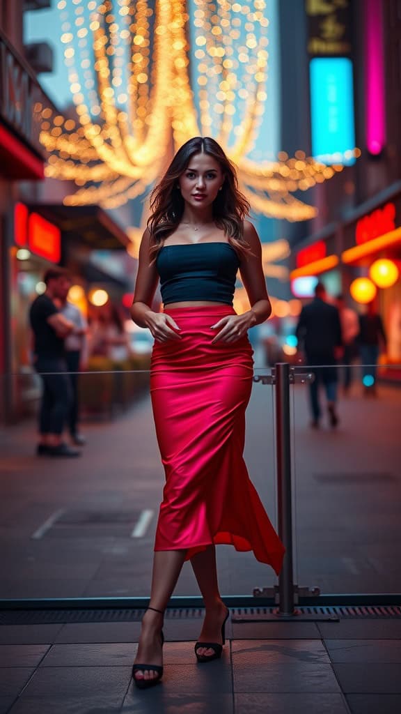 Woman in a vibrant midi skirt and fitted top, styled with heeled mules, standing in a lively street filled with lights.