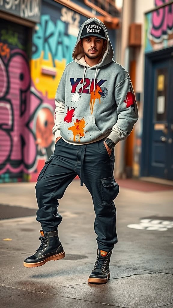 A man wearing a paint-splattered hoodie, loose-fit pants, and chunky boots, standing in a colorful urban setting.