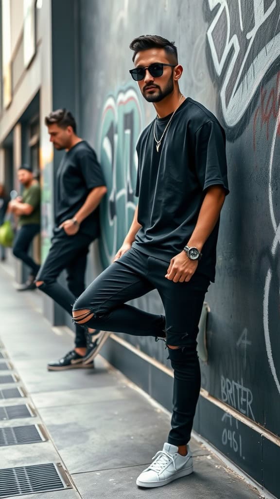 A man in a black oversized tee and ripped black jeans, complemented by white sneakers, poses against a graffiti wall.