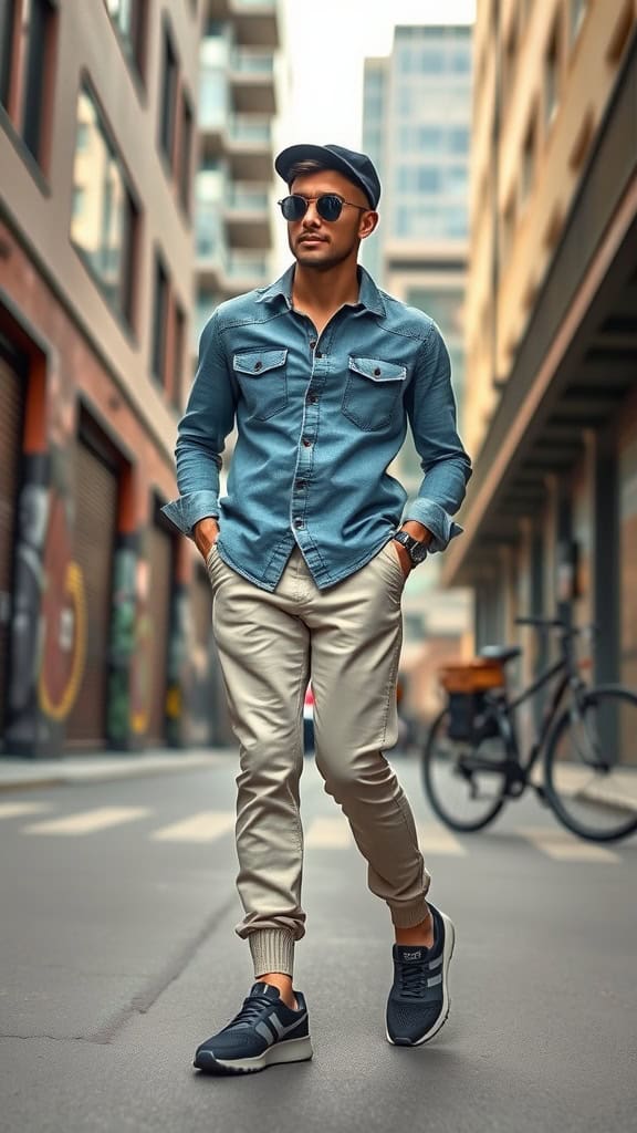 A man wearing a denim shirt, jogger pants, and sleek sneakers, walking in an urban setting.