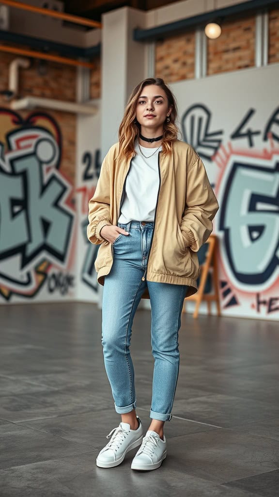 A young woman wearing an oversized beige jacket, white t-shirt, and fitted jeans, accompanied by white sneakers, standing confidently in an urban setting with graffiti.