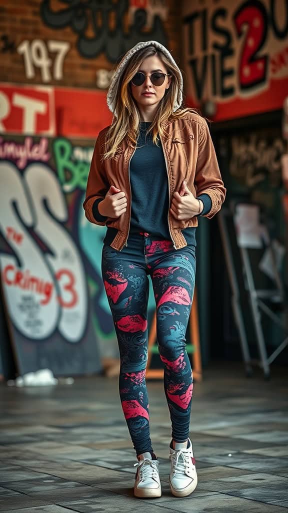 A woman wearing a brown bomber jacket, printed leggings, and white sneakers, standing in an urban setting with colorful graffiti.