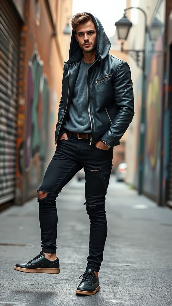 A man wearing a hoodie, leather jacket, and ripped black jeans standing in an urban alley