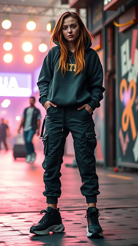 A person wearing an oversized hoodie, cargo pants, and chunky sneakers at a concert venue.