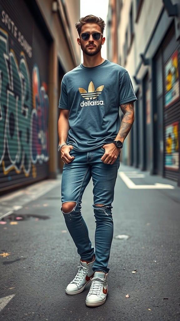 A man wearing ripped jeans, an oversized graphic tee, and high-top sneakers, standing on a street with graffiti.