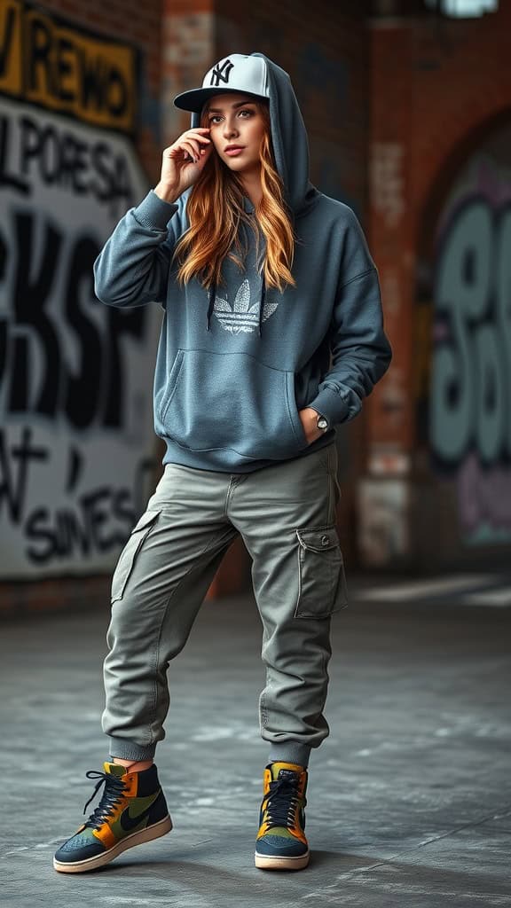 A woman wearing a dark grey hoodie with cargo joggers, a snapback cap, and high-top sneakers against a graffiti background.