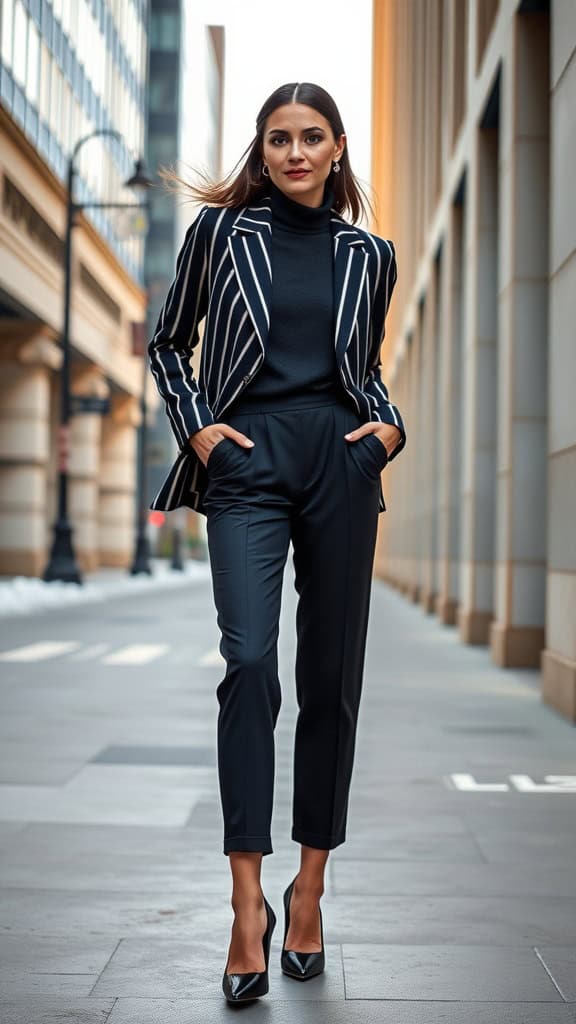 A woman wearing a bold striped blazer and cropped trousers in a city setting.