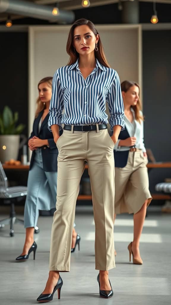 Stylish woman wearing a striped blouse and neutral slacks, embodying business casual elegance.