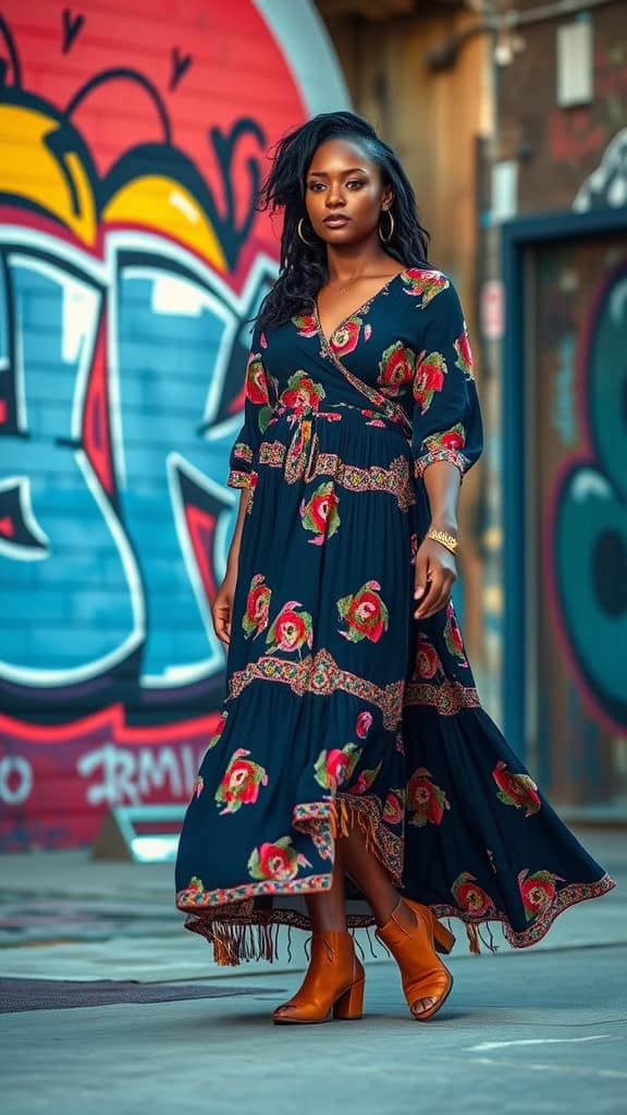 A stylish black woman wearing a flowy maxi dress with vibrant floral patterns, walking in front of a colorful graffiti wall.