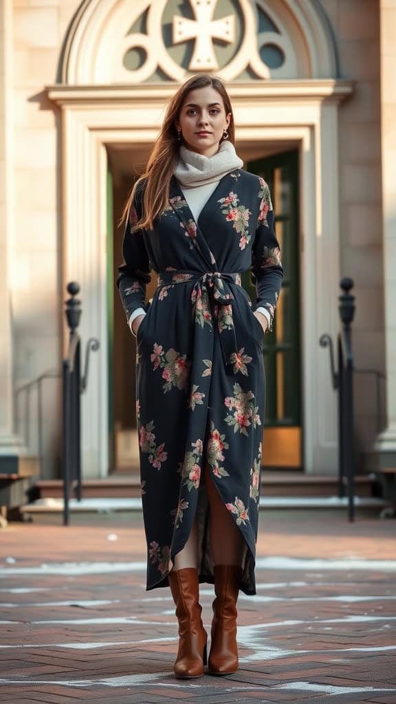 A woman in a floral wrap dress with knee-high boots, standing in front of a church entrance.