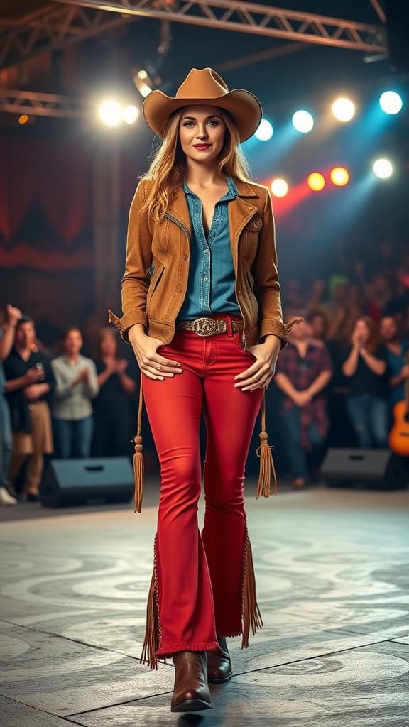 Woman in a suede jacket and flared pants at a country concert