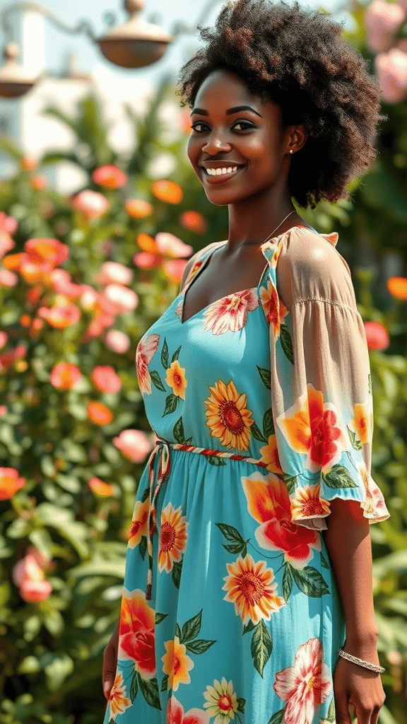 A lightweight floral sundress displayed on a mannequin with a cozy sweater draped over it in a sunny outdoor setting.