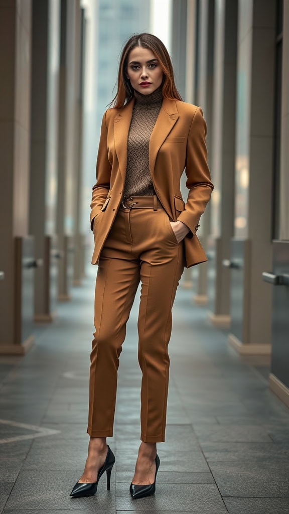 A woman in a chic tailored suit with heels, standing confidently