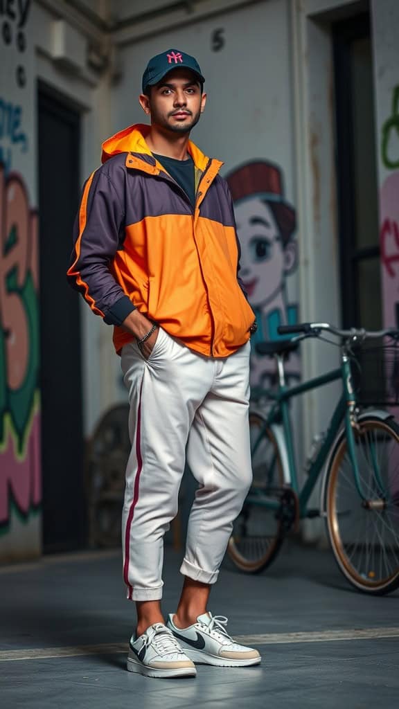 A man wearing a vibrant windbreaker, track pants, and performance sneakers, posing in an urban setting.