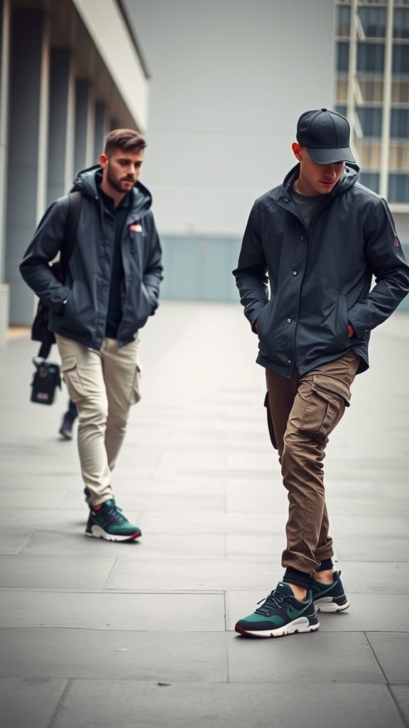 Two men in techwear-inspired outfits, featuring waterproof jackets, cargo pants, and tech sneakers.