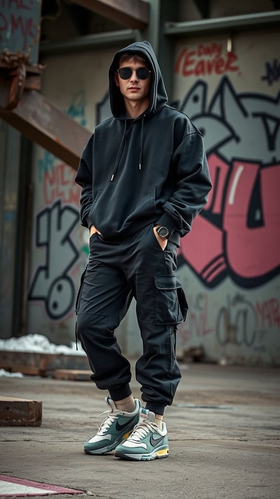 A man wearing a black oversized hoodie, techwear cargos, and tactical sneakers, standing confidently in front of a graffiti wall