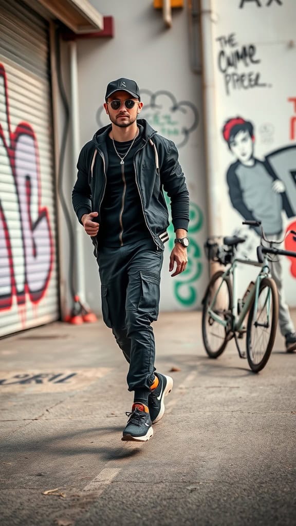 A man in black cargo pants, a zip-up jacket, and futuristic sneakers walking in an urban setting.